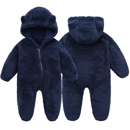 Baby Boys Girls Fleece Snowsuits Toddler Cute Bear Jumpsuits Infant Winter Hooded Rompers With Zipper One Piece Fluffy Outerwear Dark Blue 9M