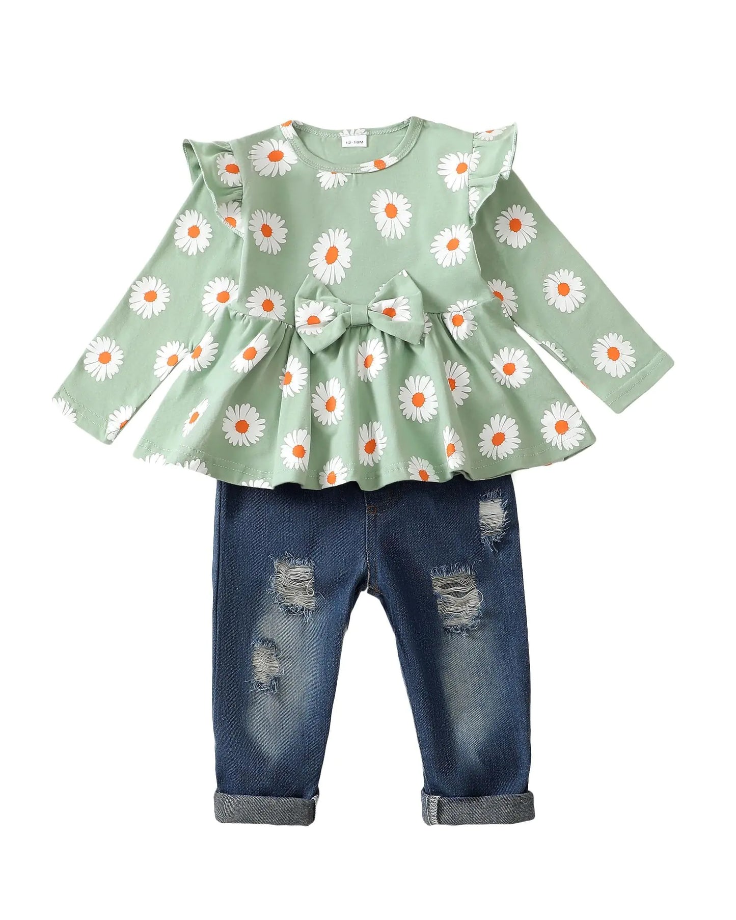 Mioglrie Little Girls Clothes Toddler Girl Outfit 3T 4T Girl Clothes Ruffle Long Sleeve Green Daisy Shirt Denim Pant Ripped Jeans Fall Winter Outfits Clothing