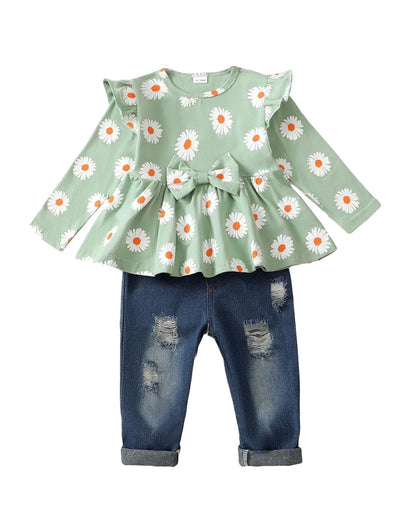Mioglrie Little Girls Clothes Toddler Girl Outfit 3T 4T Girl Clothes Ruffle Long Sleeve Green Daisy Shirt Denim Pant Ripped Jeans Fall Winter Outfits Clothing