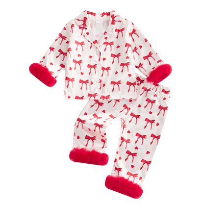Toddler Baby Girl Satin Pajamas Set Fuzzy Trim Button Down Sleep Shirt Top Pants Bottoms Sleepwear Loungewear Set (X Red 2-3 Years)