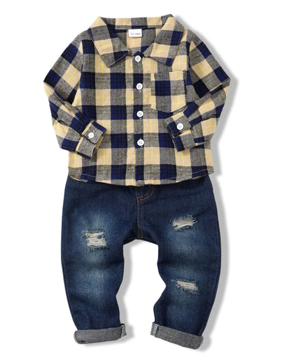 XUANHAO 2T Boy Clothes Toddler Boy Outfit Winter 3T Boy Clothes Long Sleeve Denim Ripped Pant Sets Button Apricot Flannel Shirts Tops Jeans Fall Cute Little Boys Clothing 2T 3T