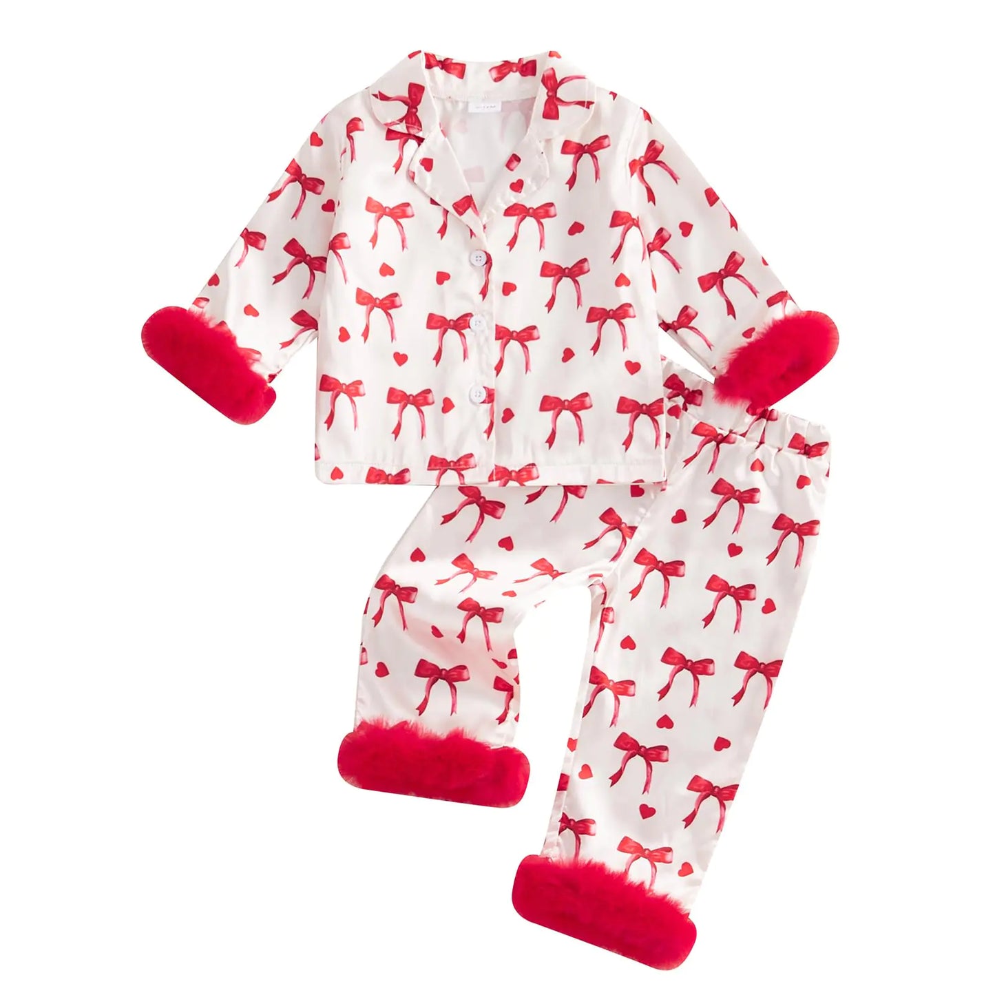 Toddler Baby Girl Satin Pajamas Set Fuzzy Trim Button Down Sleep Shirt Top Pants Bottoms Sleepwear Loungewear Set (X Red 2-3 Years)